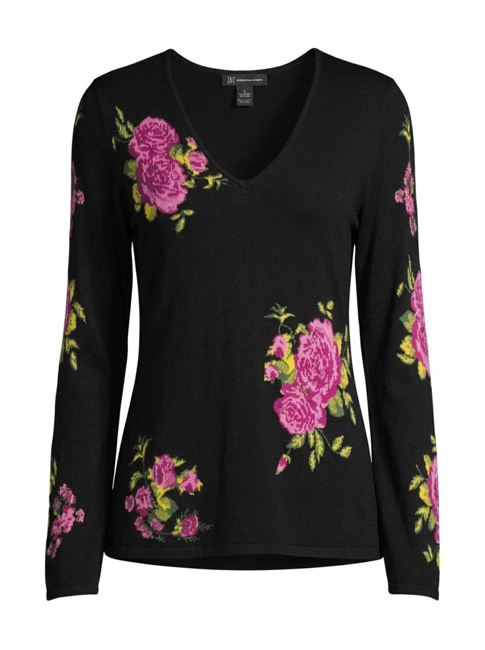 INC International Concepts Femme Force Floral V-Neck Sweater Women Size L